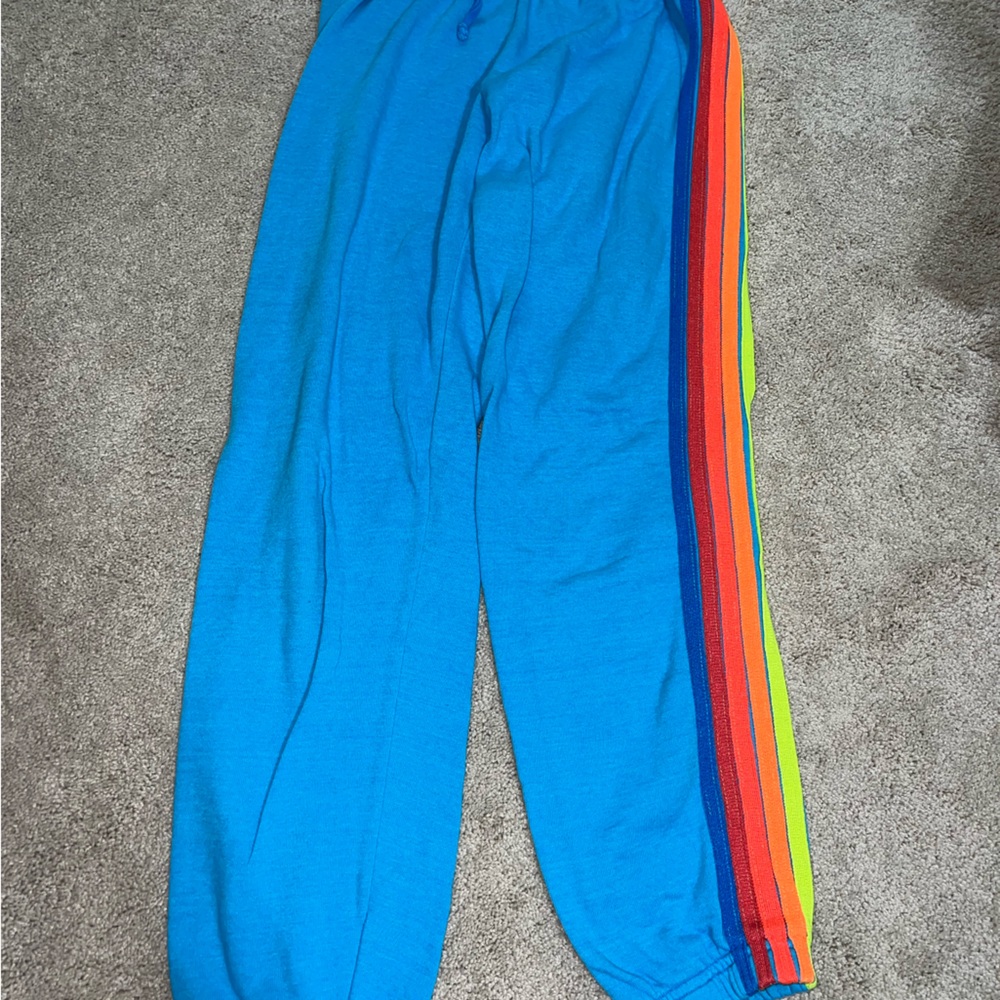 RARE Aviator Nation Adult Women Bright Blue Joggers with Multicolor Stripes